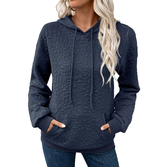 ManxiVoo Women's Casual Long Sleeve Hooded Sweatshirt Solid Color Pullover with Pockets Relaxed Fit Top M Size Navy