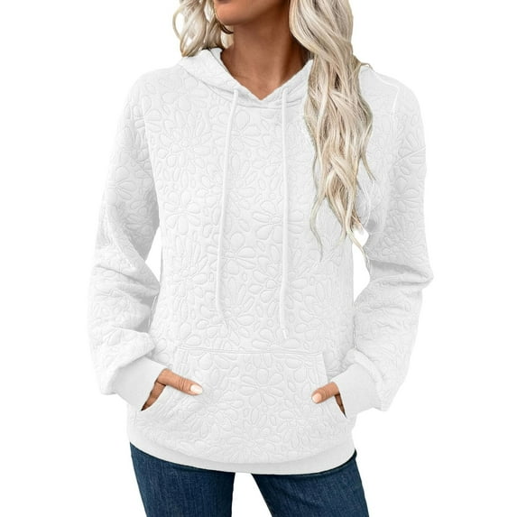 ManxiVoo Women's Casual Long Sleeve Hooded Sweatshirt Solid Color Pullover with Pockets Relaxed Fit Top S Size White