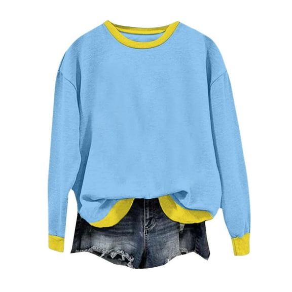 ManxiVoo Women's Casual Long Sleeve Round Neck Color Block Sweatshirt Comfortable Pullover Top S Size Sky Blue