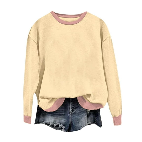 ManxiVoo Women's Casual Long Sleeve Round Neck Color Block Sweatshirt Comfortable Pullover Top XXL Size Light Yellow