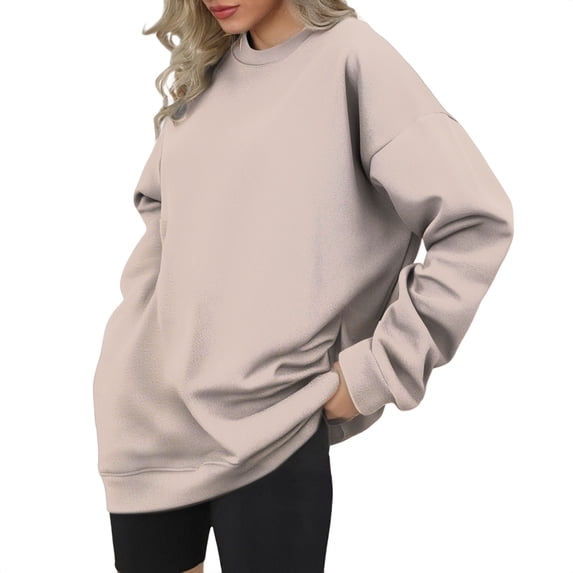 ManxiVoo Women's Casual Long Sleeve Round Neck Sweatshirt for Fall and Winter Comfort Top L Size Beige