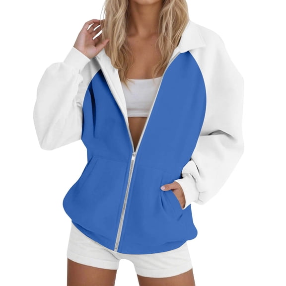 ManxiVoo Women's Casual Loose Fit Lapel Zip Up Hoodie Raglan Sleeve Color Block Pullover XXL Size Blue
