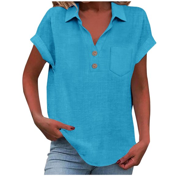 ManxiVoo Women's Casual Shirt Short Sleeve with Lapel Collar and Front Pockets Button Down Top for Daily Wear S Size Sky Blue