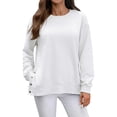 thumbnail image 1 of ManxiVoo Women's Casual Solid Color Round Neck Sweatshirt Long Sleeve Shoulder Button Detail Autumn Pullover Top S Size White, 1 of 8