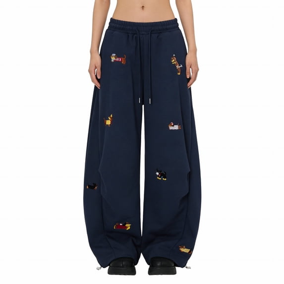 ManxiVoo Women's Casual Wide Leg Pants with Embroidery Loose Fit Dropped Crotch Trousers L Size Navy