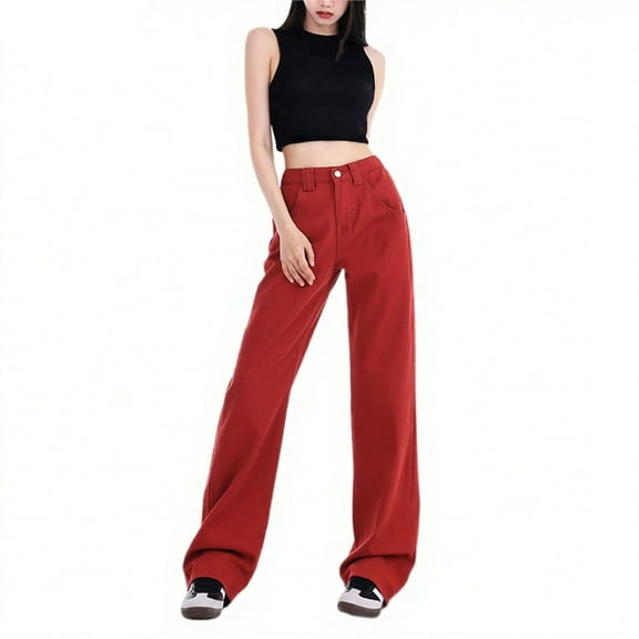 ManxiVoo Women's Classic Straight Leg Jeans High Waisted Comfort Fit Denim Pants with Stretch for Daily Wear L Size Wine