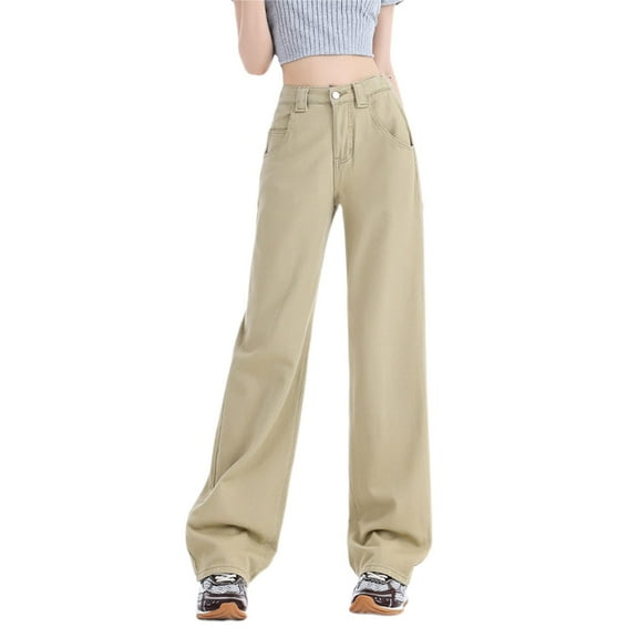 ManxiVoo Women's Classic Straight Leg Jeans High Waisted Comfort Fit Denim Pants with Stretch for Daily Wear XXXL Size Khaki