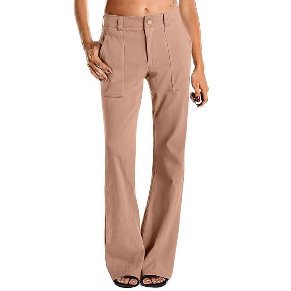ManxiVoo Women's Classic Twill High Waist Straight Leg Pants with Button Detail Casual Comfortable Work Trousers Versatile L Size