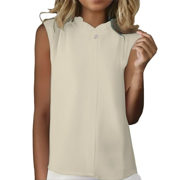 ManxiVoo Women's Collared Sleeveless Shell Top Slimming Silky Blouse Versatile Layering Piece for Under Suits Office Wear L Size Beige