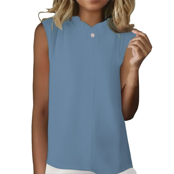 ManxiVoo Women's Collared Sleeveless Shell Top Slimming Silky Blouse Versatile Layering Piece for Under Suits Office Wear XL Size Blue