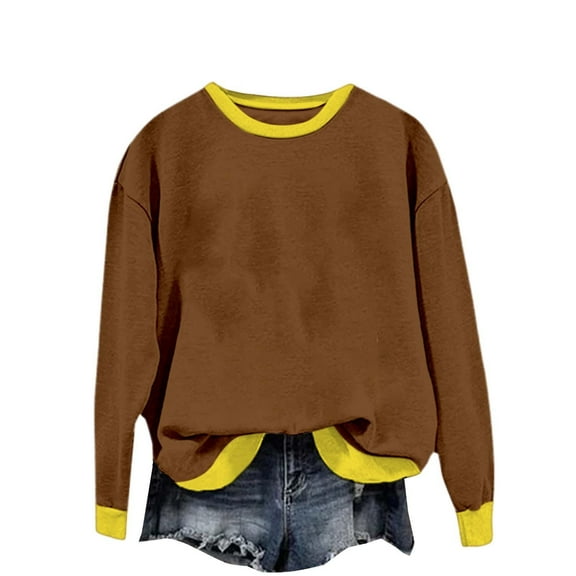 ManxiVoo Women's Color Block Casual Crewneck Long Sleeve Pullover Sweatshirt for Daily Wear M Size Coffee