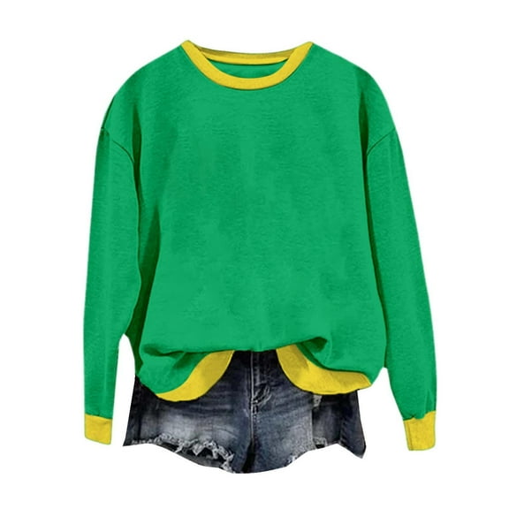 ManxiVoo Women's Color Block Casual Crewneck Long Sleeve Pullover Sweatshirt for Daily Wear XXL Size Green