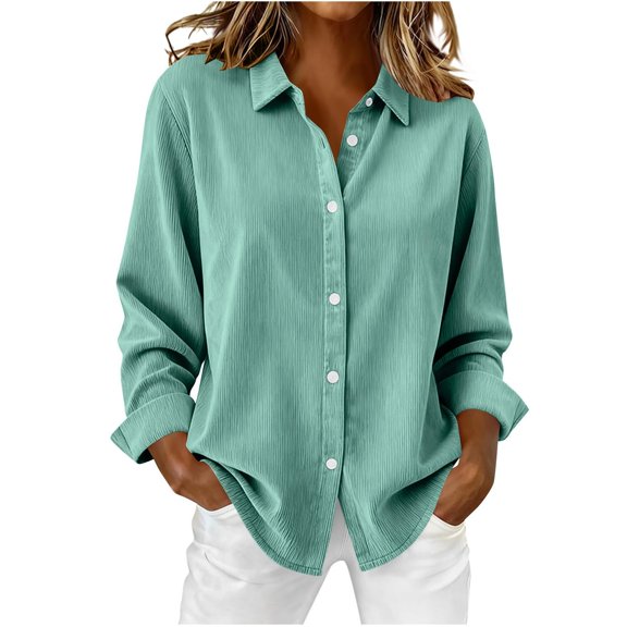 ManxiVoo Women's Corduroy Shirt Lapel Collar Fitted Shoulder Long Sleeve Casual Street Style Top for Fall Layering S Size Mint Green