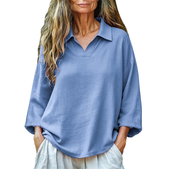 ManxiVoo Women's Cotton Collar Shirt Casual Long Sleeve Top for Everyday Style and Comfortable Fit S Size Sky Blue