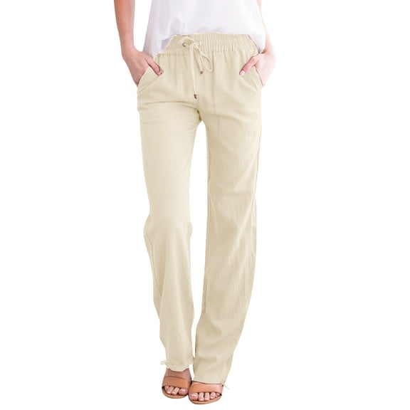 ManxiVoo Women's Cotton Linen Pants 2025 Loose Wide Leg Drawstring Casual Breathable Summer Trousers XXXL Size Beige