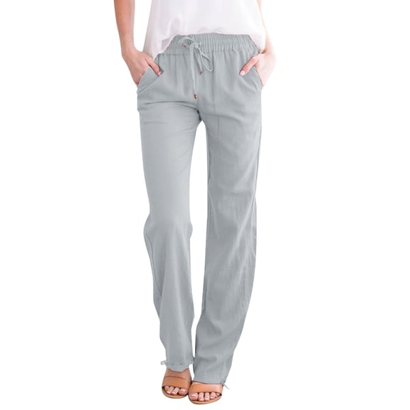 ManxiVoo Women's Cotton Linen Pants 2025 Loose Wide Leg Drawstring Casual Breathable Summer Trousers XXXL Size Grey