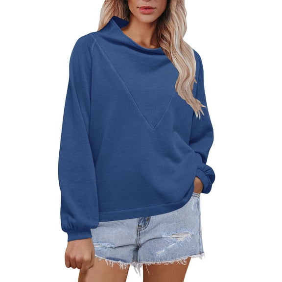 ManxiVoo Women's Cowl Neck Relaxed Fit Pullover Sweatshirt Long Sleeve Minimalist Comfort Fall Top M Size Blue