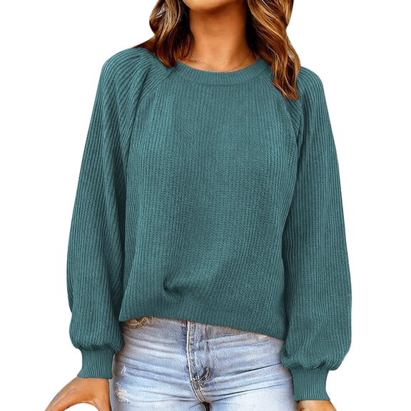ManxiVoo Women's Cozy Waffle Knit Long Sleeve Pullover Loose Fit Everyday Layering Casual Top M Size Blackish Green