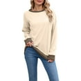 thumbnail image 1 of ManxiVoo Women's Crew Neck Long Sleeve Loose Fit Top Color Trim Detail Soft Comfortable Sweatshirt Alternative Casual Chic Style L Size Beige, 1 of 9