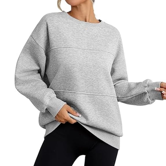 ManxiVoo Women's Crewneck Sweatshirt Long Sleeve Loose Fit Casual Pullover Top Spring Fall Essentials L Size Light Ashy