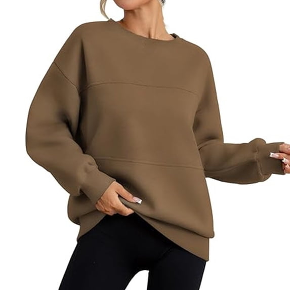 ManxiVoo Women's Crewneck Sweatshirt Long Sleeve Loose Fit Casual Pullover Top Spring Fall Essentials S Size Khaki