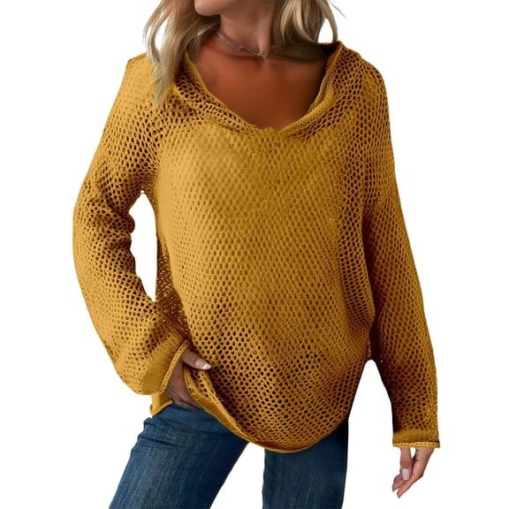 ManxiVoo Women's Crochet Drop Shoulder Pullover Sweater Long Sleeve Openwork Knit Top for Casual Comfort XXXL Size Yellow