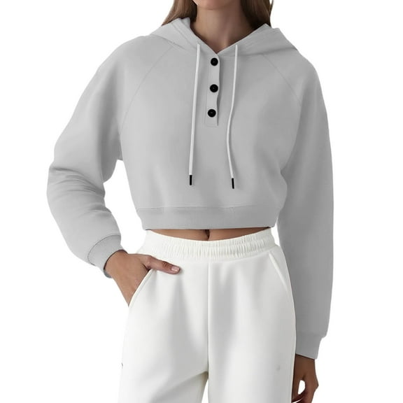 ManxiVoo Women's Cropped Button Front Hoodie Lapel Raglan Sleeve Casual Loose Fit Pullover M Size Grey