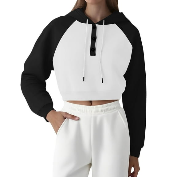 ManxiVoo Women's Cropped Casual Pullover Hoodie Lapel Raglan Sleeve Color Block Loose Fit M Size Black