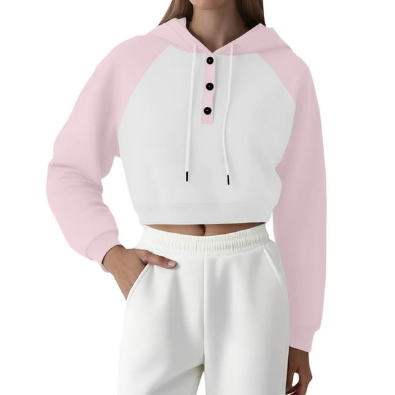 ManxiVoo Women's Cropped Casual Pullover Hoodie Lapel Raglan Sleeve Color Block Loose Fit S Size Pink