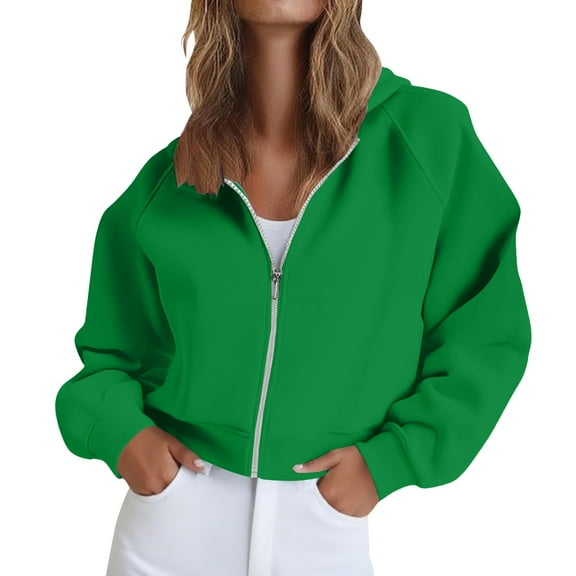 ManxiVoo Women's Cropped Zippered Hoodie Casual Loose Fit Drop Shoulder Sweatshirt Lightweight Street Style M Size Green