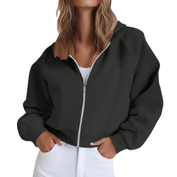 ManxiVoo Women's Cropped Zippered Hoodie Casual Loose Fit Drop Shoulder Sweatshirt Lightweight Street Style S Size Dark Gray