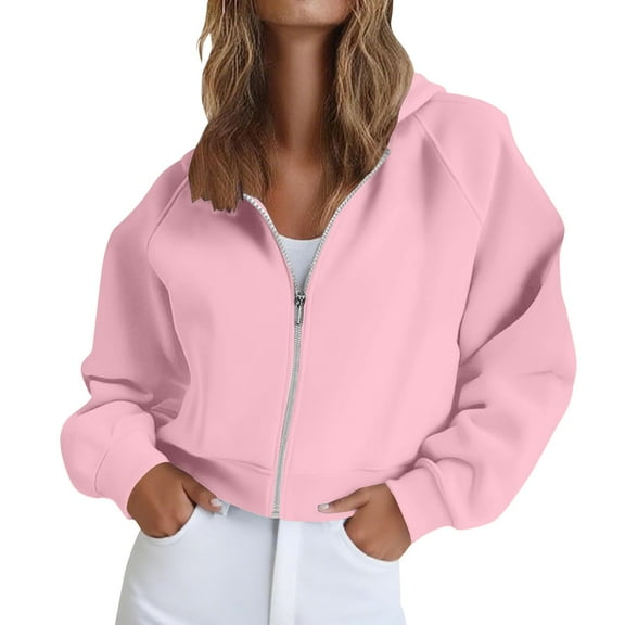 ManxiVoo Women's Cropped Zippered Hoodie Casual Loose Fit Drop Shoulder Sweatshirt Lightweight Street Style XL Size Pink