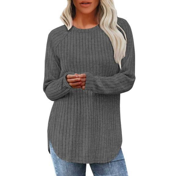 ManxiVoo Women's Curved Hem Long Sleeve Round Neck Thermal Shirt Casual Comfortable Fall T Shirt M Size Grey