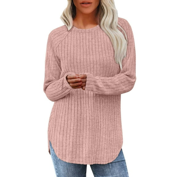 ManxiVoo Women's Curved Hem Long Sleeve Round Neck Thermal Shirt Casual Comfortable Fall T Shirt S Size