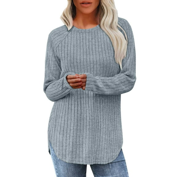 ManxiVoo Women's Curved Hem Long Sleeve Round Neck Thermal Shirt Casual Comfortable Fall T Shirt XXL Size