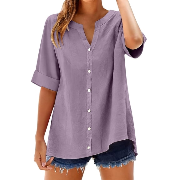 ManxiVoo Women's Easy Breezy Button Up Shirt Linen Blend Casual Top with Roll-Up Sleeves S Size Purple