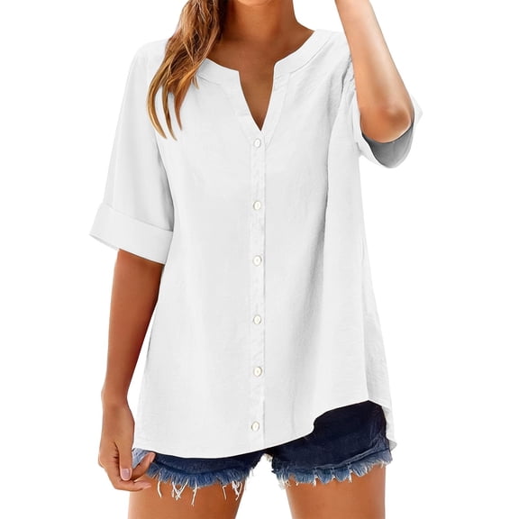 ManxiVoo Women's Easy Breezy Button Up Shirt Linen Blend Casual Top with Roll-Up Sleeves S Size White