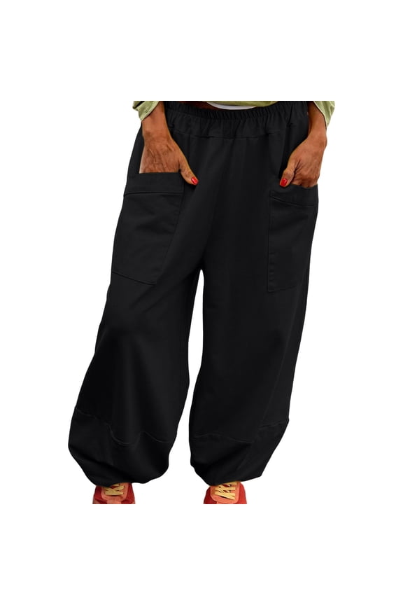 Women's Elasticized High Waist Lightweight Wide Leg Pants with Pocket Details Casual Relaxed Fit Harem Trousers XXL Size Black
