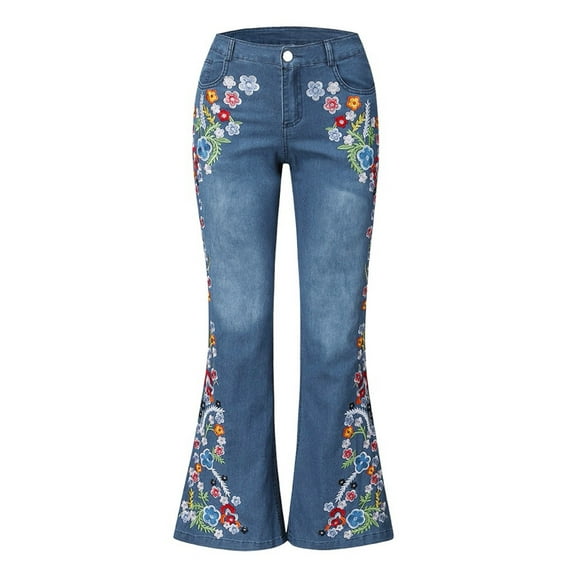 ManxiVoo Women's Embroidered Flare Jeans with Button Details and Destroyed Look for Slimming Casual Style L Size Blue