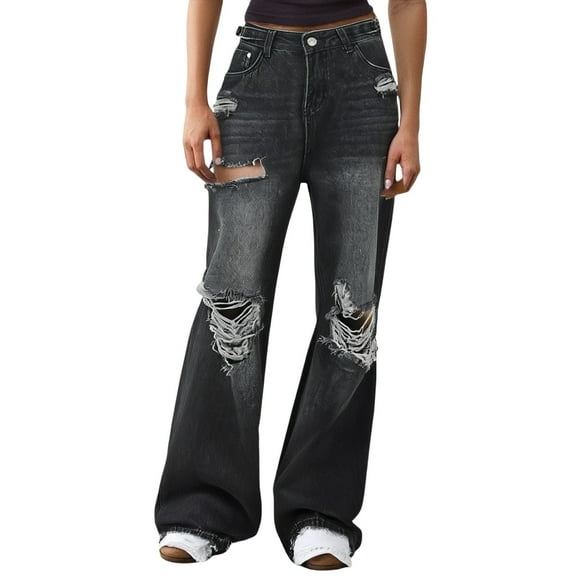 ManxiVoo Women's Embroidered High Waist Jeans Relaxed Fit Casual Denim With Artistic Detailing M Size Grey