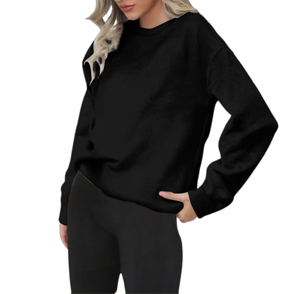 ManxiVoo Women's Everyday Round Neck Long Sleeve Sweatshirt Cozy Fall and Winter Casual Wear S Size Black