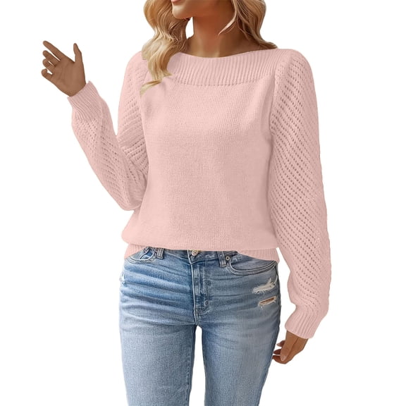 ManxiVoo Women's Fall Sweaters Long Sleeve Knit Pullover Cozy Puff Sleeve Casual Tops for Everyday Wear L Size Light Pink