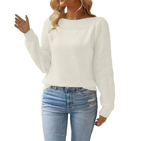 ManxiVoo Women's Fall Sweaters Long Sleeve Knit Pullover Cozy Puff Sleeve Casual Tops for Everyday Wear L Size White