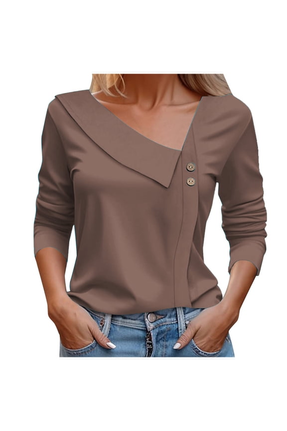 Women's Fashion Blouse with Unique Asymmetrical Neckline Long Sleeve Collared Shirt for Work Casual Style L Size Coffee