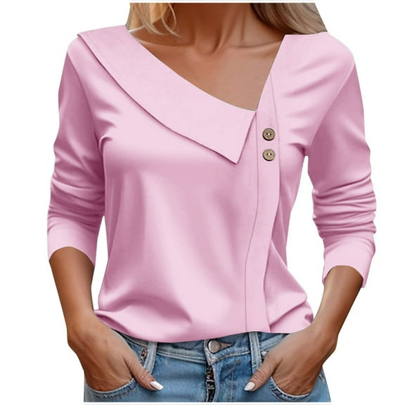 ManxiVoo Women's Fashion Blouse with Unique Asymmetrical Neckline Long Sleeve Collared Shirt for Work Casual Style M Size Pink