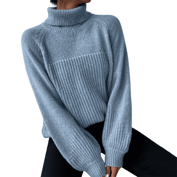 ManxiVoo Women's Fashion High Neck Knit Sweater Winter Warm Soft Yarn Pullover Comfort Stretch Casual Tops S Size Sky Blue