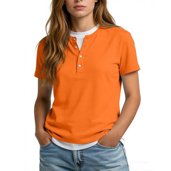 ManxiVoo Women's Fashion Short Sleeve Layered Look Henley T-Shirt Casual Breathable Daily Tops L Size Orange