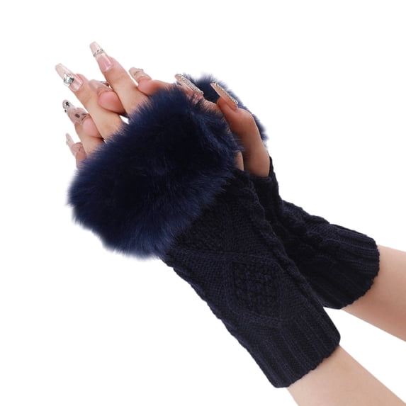 ManxiVoo Women's Fingerless Gloves Knit Arm Warmers Soft Thermal Sleeve Covers Chic Pattern Comfort Stretch Fit Navy