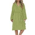 thumbnail image 1 of ManxiVoo Women's Flannel Robe with Pockets Belted Bathrobe Plush Cozy Hooded Loungewear for Winter Home Relaxation L Size Green, 1 of 5