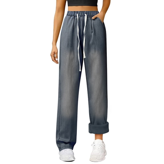 ManxiVoo Women's Fleece Lined Jeans Stretchy High Waisted Baggy Denim Pants for Winter Warm Soft Wide Leg Casual Comfortable Trousers L Size Dark Blue